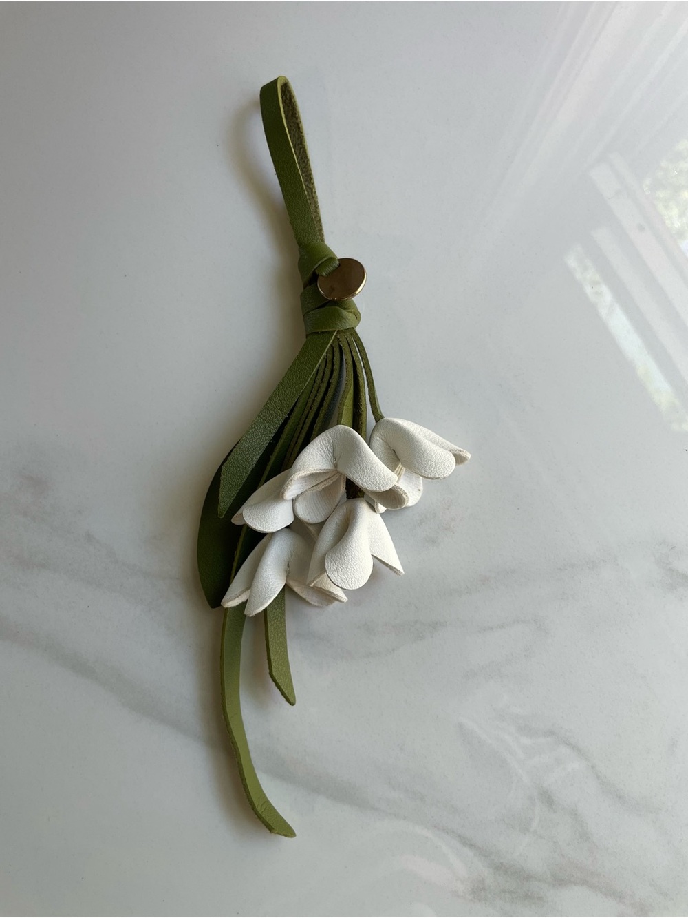 Designer-Inspired Olive Green & White Leather Flower Bag Charm